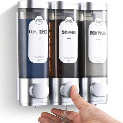 Dispensador de champú y acondicionador, dispensadores de jabón de ducha recargables de 3 cámaras sin taladro, dispensador de champú montado en la pared para baño de hotel (3 * 300ml, plateado 3 cámaras)
