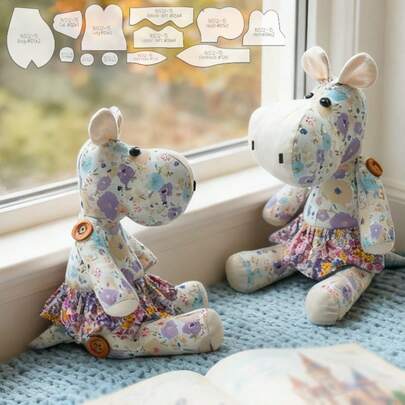 12件套河马缝纫模板，宠物缝纫图案，适用于DIY河马毛绒玩具，手工工艺工具，是手工爱好者的理想之选，生日和节日礼物，包含英文说明书