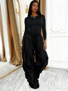 Two Pieces Set Women's Fall Fashion Solid-Color Casual Set Round-Neck Long-Sleeve Top High-Waisted Drawstring Wide-Leg Pants Two Pieces Set Black - 黑色 - 查看 2