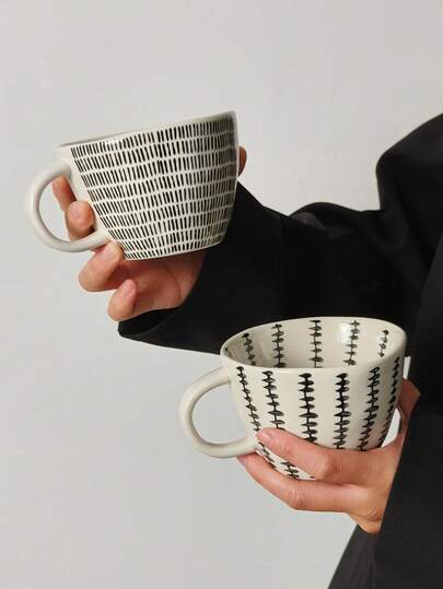 1pc Creative Retro Japanese-Style Line Striped Ceramic Mug, Niche Design Drinking Water Cup, Coffee Latte Cup, Suitable For Home, Office, Cafe, Dessert Shop