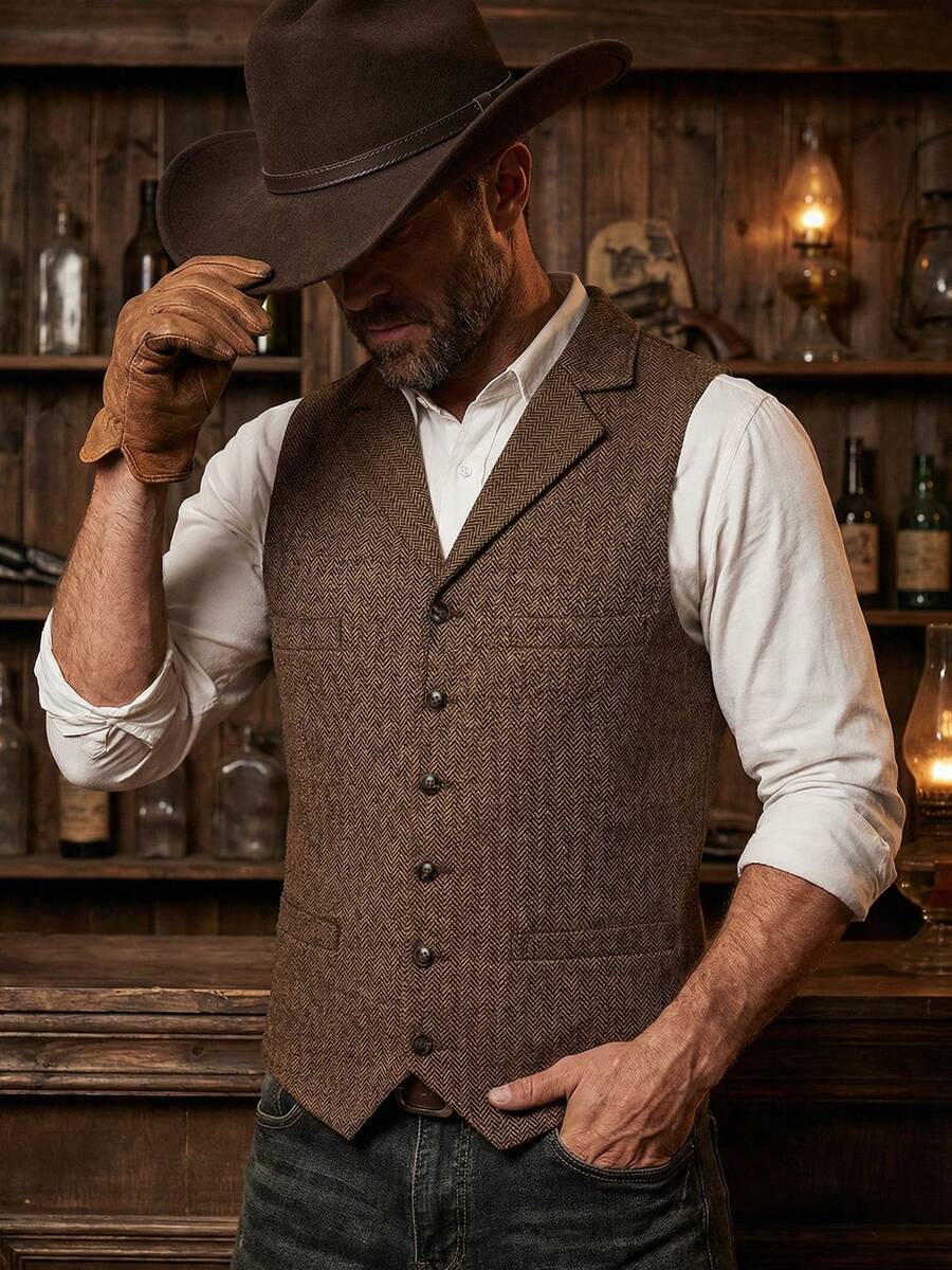 Mens Suit Vest Waistcoat Tweed Retro Notch Neck Wool Herringbone For Business Occasions, Parties And Weddings. Classic Elegant Style - 棕色 - 查看 1