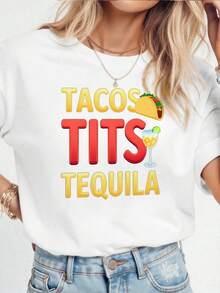 New Spring/Summer 2026 Fashion Short-Sleeve T-Shirt, Made In Mexico, 200g. 100% Cotton. Fun Graphic Tee With A Taco And Tequila Design, Cartoon Print, Suitable For Couples, Perfect For Layering Or Wearing Alone. Crew Neck, Versatile And Unisex. Suitable For Both Office And Casual Occasions. Individually Packaged. The Perfect Short-Sleeve T-Shirt For Summer. - 白色 3 - 查看 2