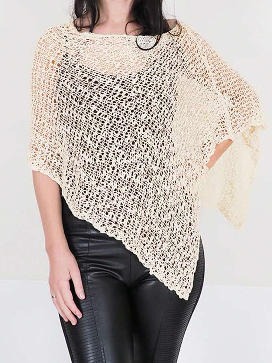 Women Sheer Knit Poncho Top Y2k See Through Shrug Crochet Mesh Cover Up Lightweight Asymmetrical Beach Shawl Cape Top - Màu Khaki - Xem 1