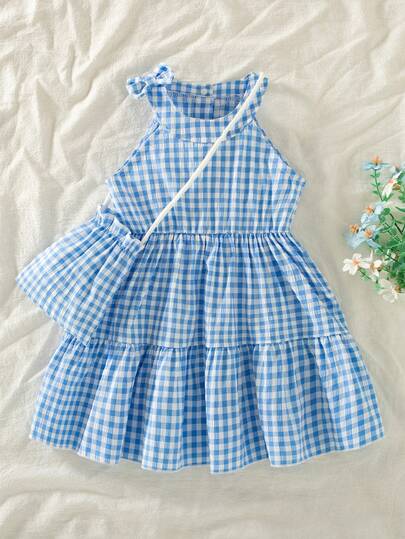 Baby Girls Summer New Casual Vacation Dual-Color Plaid Bow Decor Camisole Patchwork Cake Skirt Casual Dress With Bag