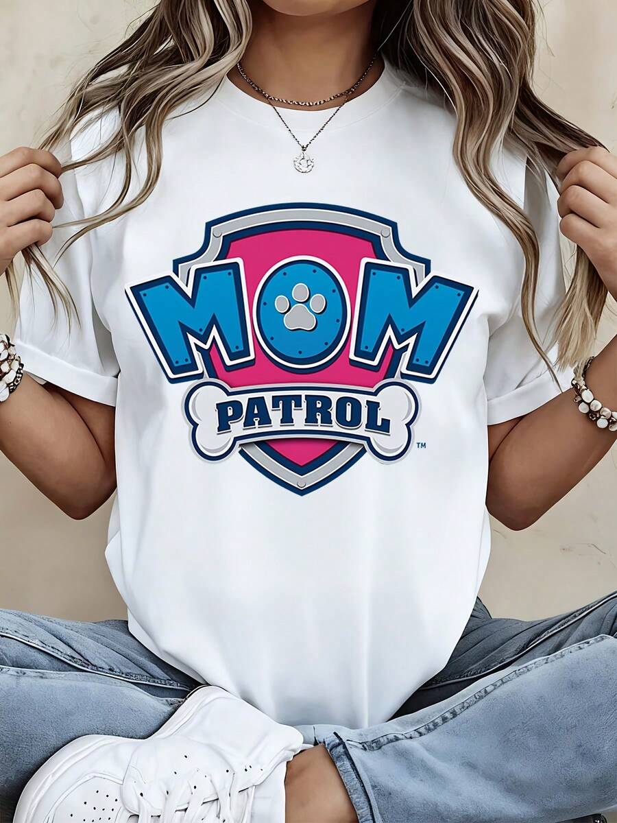 Mom Patrol T-Shirt White Mom Patrol Logo With Paw Print And Bone Design For Casual Wear - trắng - Xem 1
