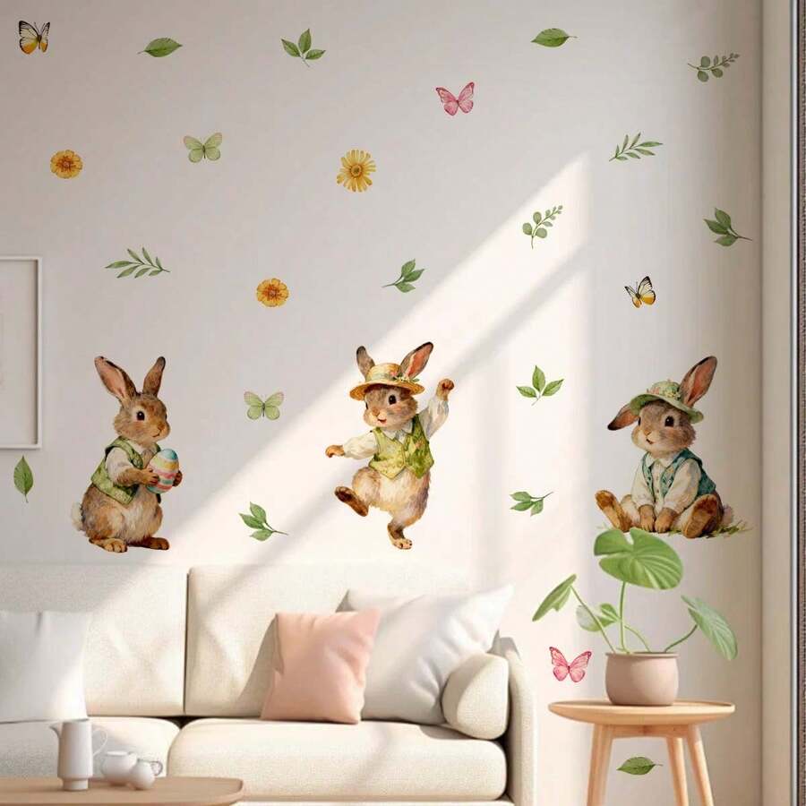 1张可爱兔子抱彩蛋墙贴，包含绿叶、花朵、蝴蝶图案，可DIY移除自粘墙纸，春季复活节卧室客厅家居装饰 - 彩色 - 查看 1