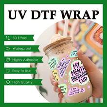 5张/套 UV DTF 杯贴套装，适用于16盎司玻璃罐，即撕即贴，包含励志心理健康贴纸，防水3D贴纸，适合DIY玻璃器皿