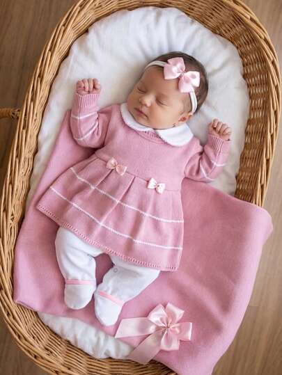 Nika Baby Saída de maternidade rosa menina em tricô