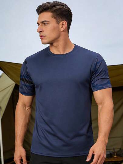 Men's Camouflage Sleeve Patchwork Quick-Dry T-Shirt, Lightweight & Comfortable Short Sleeve For Commuting Summer