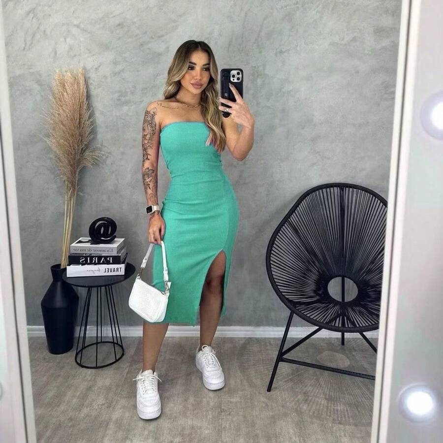 Premium Ribbed Strapless Midi Dress With Slit - 薄荷綠 - 查看 1