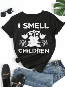 Damen Halloween Grafik T-Shirt mit Aufdruck "ICH RIECHE KINDER", Kurzarm Rundhals Lässig Top mit Gespenstern, Spukhaus und gruseligen Elementen - Schwarz - Übersicht 5