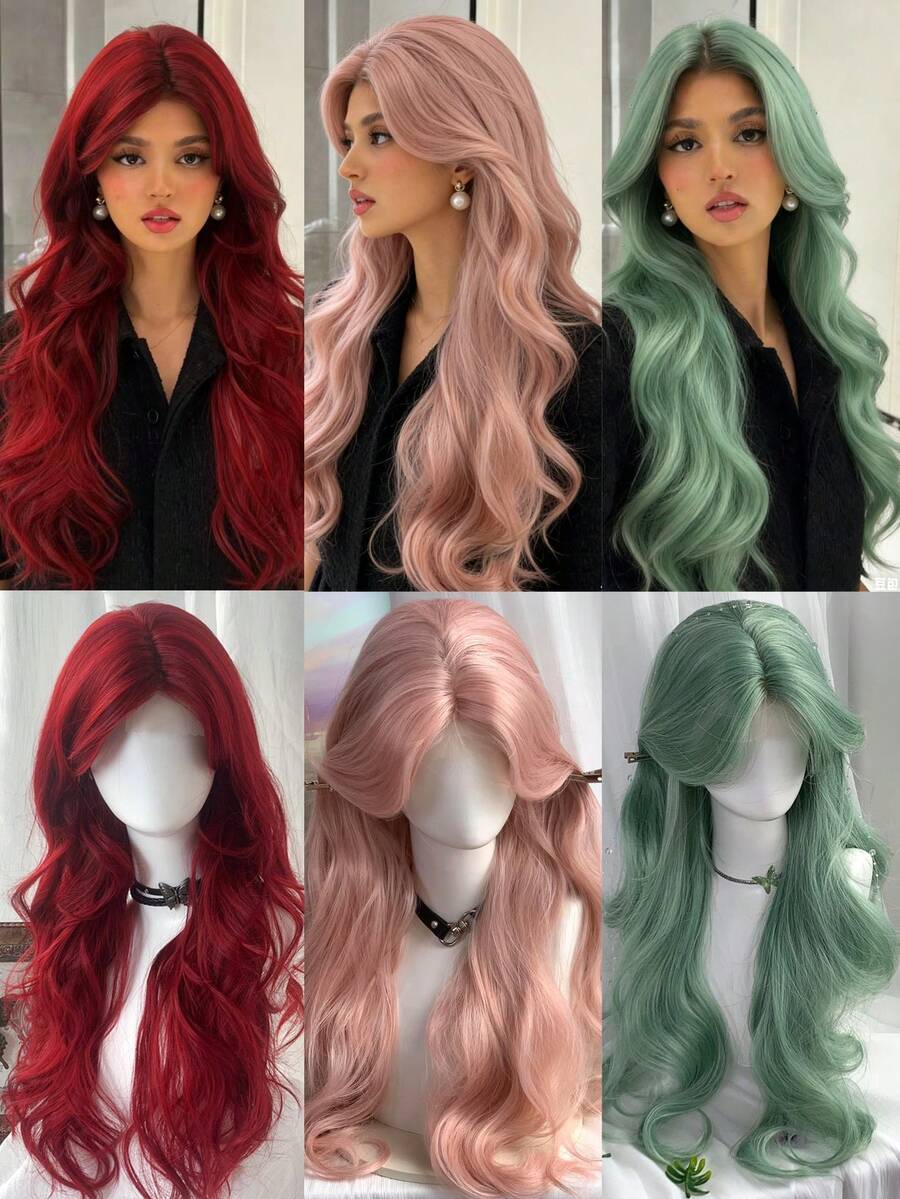 26英寸红/粉/绿合成额蕾丝大波浪假发，女士长款自然合成假发，日常角色扮演耐热流行波浪洛丽塔假发，带刘海合成假发，适合女性，时尚浓密卷发假发，适合派对、圣诞节和圣帕特里克节