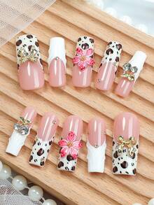 10 Peças Unhas Postiças Longas com Estampa Floral Francesa, Adesivos de Unhas Acrílicas Feitos à Mão com Padrões de Leopardo & Floral. Conjunto de Unhas DIY Holográfico Y2K com Flores Degradê 3D, Laços e Motivos de Cereja para Salões de Unhas, Manicures Diárias, Festivais e Festas, Suprimentos - Multicolorido - Visão 3