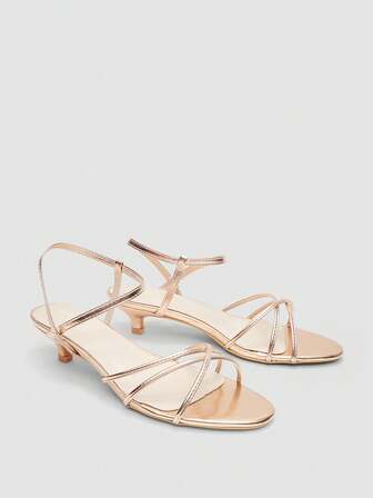 女士高跟凉鞋，香槟色小猫跟时尚拖鞋，简约系带设计沙滩凉鞋