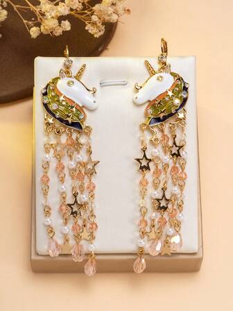 1 par de pendientes de borla de unicornio bohemio, pendientes largos esmaltados y coloridos para mujeres