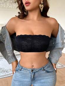 女士无肩带文胸，侧边纽扣设计，无衬垫，蕾丝边饰 - 适合日常穿着及特殊场合（仅限手洗） - 黑色 - 查看 4