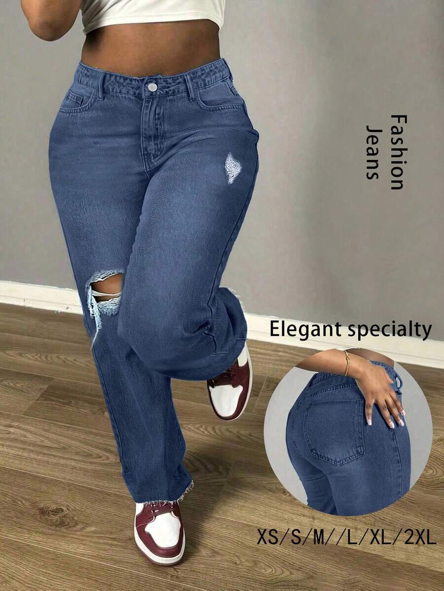 Women's Casual Loose Straight Leg Jeans, Paired With Distressed Decorations, Suitable For All Seasons, Suitable For Daily Outings, Parties, Back To School Season, Back To School Season, Rural Concerts,Winter Clothes For Women New Years Outfit Women Vacation Outfits Women Birthday Dresses For Women Y2k Pants Baggy Jeans Women - 深藍 - 查看 1