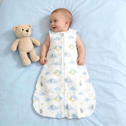 1件新生儿蓝色轻薄宽松可爱长袖睡袋，柔软舒适，0.5 TOG，适合0-9个月婴儿，提供更好的睡眠，春夏款