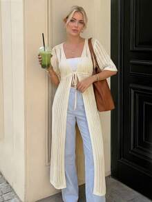 Spring And Summer New Arrivals 2026, Vacation Casual Style, Women's Knitted Short-Sleeve Cardigan With Hollow-Out Drawstring Details - Apricot - View 3