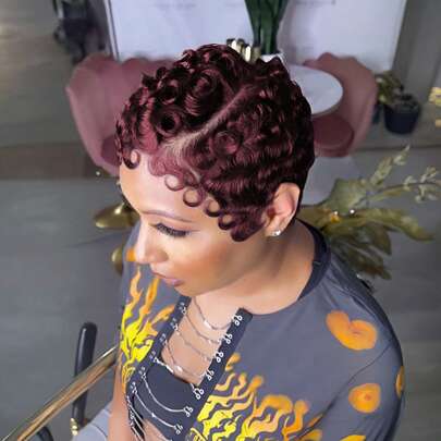 Short Wig For Women Human Hair 13x4x1 T Part Lace Front Wig Curly Wave Pixie Cut Wig For Women 99J,1B Short Wigs For Black Women Easy To Wear Layered Pixie Haircut Wigs With Bangs Human Hair Daily Use,Valentine's Day, Curly Pixie Cut Wigs For Women