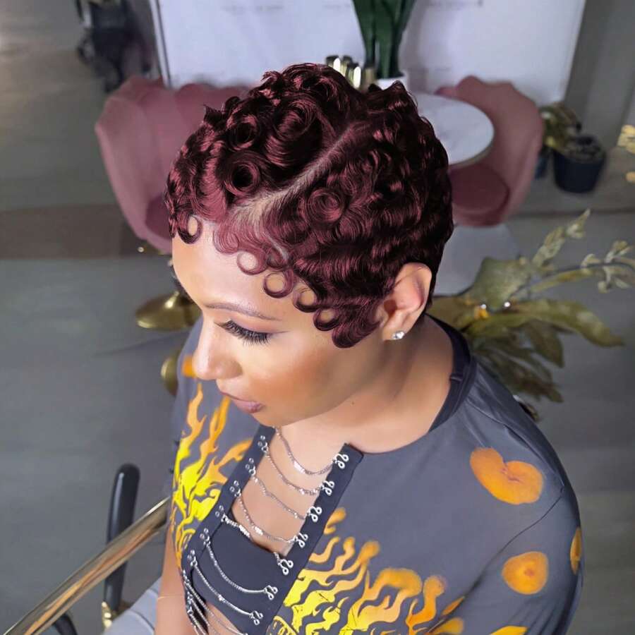 女士短假发，真人发丝，13x4x1 T型蕾丝前额假发，卷曲波浪精灵短发假发，99J、1B，适合，易于佩戴，层次感精灵短发假发，带刘海，真人发丝，日常佩戴，情人节礼物，女士卷曲精灵短发假发