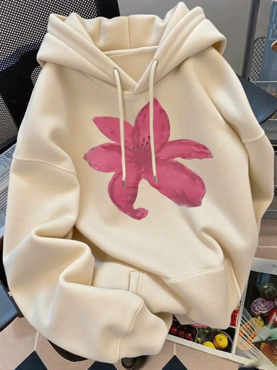 Sudaderas de Mujer Sudadera con capucha de moda informal en color rosa con estampado de flores adorables, versátil y combinable - Albaricoque - Ver 1