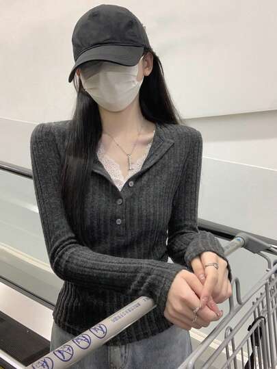 Lace Trim Button 2 In 1 Fitted Brushed T-Shirt Top