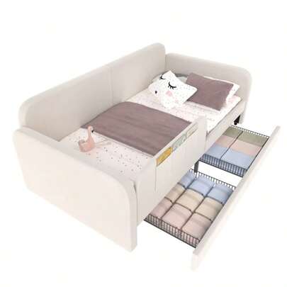 Children's Spliced Bed, Upholstered Bed, Daybed, Sofa Bed With Metal Bed Frame, 3 Small Storage Pockets, 2 Drawers On Casters, Velvet+MDF+Plywood, White, 90x200cm