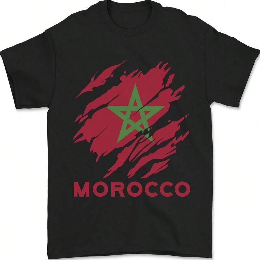 Morocco Ripped Flag Mens T-Shirt 100% Cotton - 黑色 - 查看 1