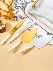 1 Set Stainless Steel Cake Server And Cutting Tools With Unique Ceramic Handles, Elegant Baking Utensils Including Pizza Server, Cake Scraper And Fork, Suitable For Wedding, Birthday, Party, Thanksgiving, Father's Day, Mother's Day And Other Occasions, Multi-Functional Kitchenware - White - View 4
