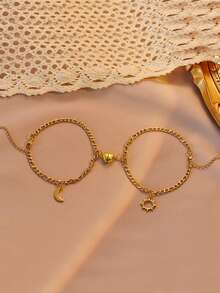 2件套不锈钢太阳、月亮、心形磁扣吊坠情侣/闺蜜手链，适合日常佩戴和节日佩戴 - 不銹鋼磁鐵愛心手鍊套裝 - 查看 5