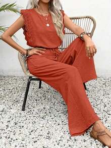 Women's Fashionable Round-Neck Short-Sleeved-Shirt With Side Pocket And Sporty Pants, Spring/Summer Style - 紅色 - 查看 6