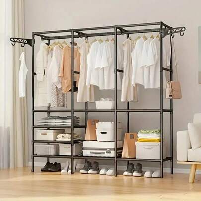 Freestanding Heavy Duty Garment Rack: Bedroom Clothes Rack With Side Hooks For Extra Storage