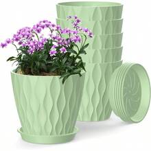 Inch Plant Pots 5 Pack, Flower Planters With Drainage Holes And Trays, Plastic Pots Indoor Outdoor Plants, White - 綠色 + 6英寸 - 查看 1