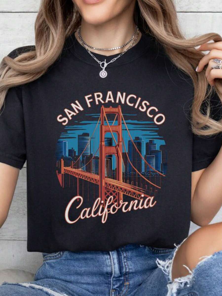 San Francisco Comfort Shirt, Women's Casual San Francisco California Graphic Black T-Shirt Short Sleeve Round Neck Cotton Tee Regular Fit For Everyday Wear - 黑色 - 查看 1