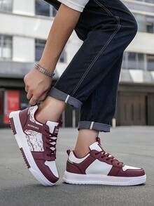 Męskie nowe, retro, kolorowe, podwyższone, codzienne, sportowe buty trekkingowe, sznurowane, z modnym wzorem litery i gałęzi, na deskorolkę, unisex - Burgund - Zobacz 11