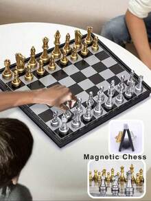 1 Set Magnetic Chess Set, Luxury Gold & Silver Foldable Chessboard, Portable Travel Chess Game, Giant Chess Dominoes, Transparent Chess Pieces, Chess Strategy Game, Suitable For Adults & Kids, Indoor/Outdoor Party Gift - Multicolor - View 1