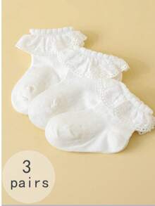 3pairs Girls' Soft & Comfy White Princess Style Solid Color Socks For Dancing, Birthday Party - White - View 9