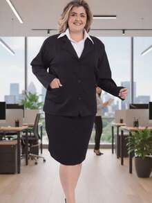 Women's Plus Size Formal Business Blazer And Skirt Set - Black - View 1