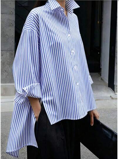 Camisa de manga larga a rayas de estilo casual para mujer, de corte holgado, versátil para uso diario, ir a la oficina, diseño vintage de parte delantera corta y parte trasera larga, estilo japonés con cuello y botones