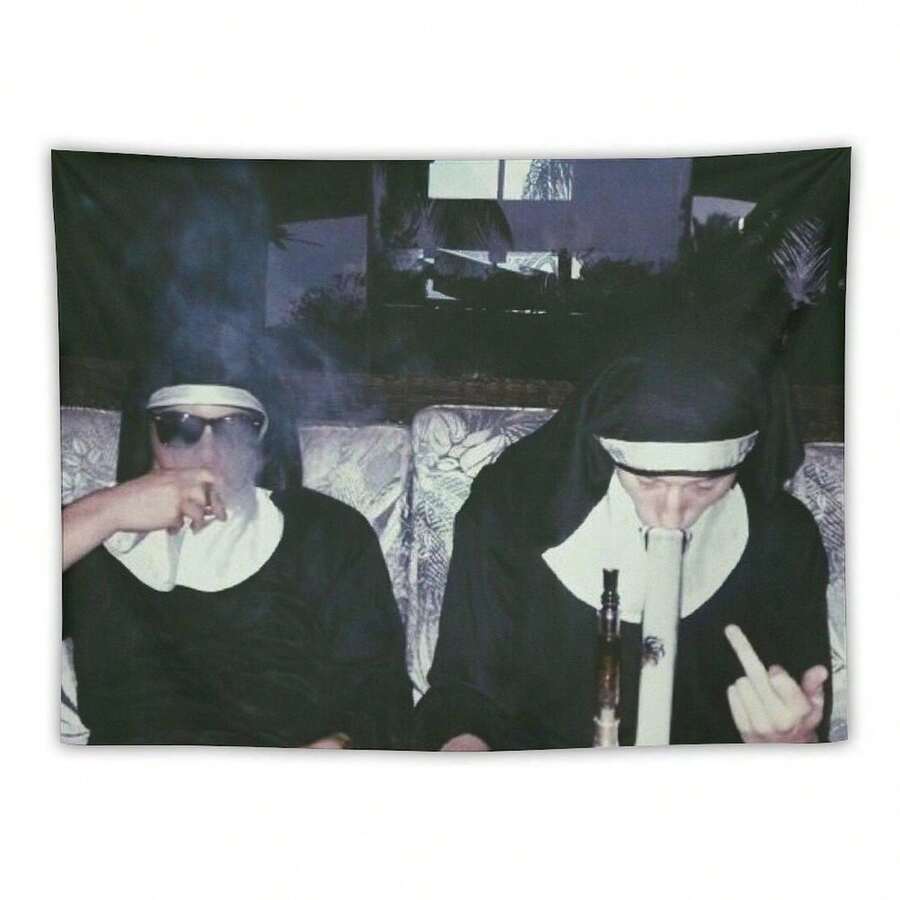 Nuns Smoking Banner Flag Wall Art Hanging,For Decorate Clubs Concerts Bars University Dormitories Living Rooms Bedrooms Decor Tapestry Parties,Gift - 樣式 1 - 查看 1