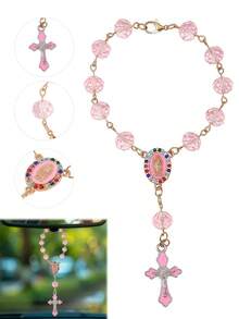 1pc Pink Crystal Rhinestone Cross Rosary Bracelet, Rearview Mirror Hanging Decor For Car, Women - A - View 9