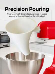 1个带倾倒嘴的搅拌机面粉漏斗，适用于立式搅拌机，可用于KitchenAid搅拌机，是立式搅拌机的必备配件，也是备餐者和烹饪达人的必备之选。这款新型面粉漏斗适用于KitchenAid立式搅拌机，可用于倒入蛋液和面粉，实现精准的引导式倾倒。这款面粉漏斗可将面粉、糖、蛋液和其他配料直接倒入搅拌碗中，避免飞溅或溢出。从面粉到液体，它都能轻松应对，包括细粉、谷物、鸡蛋、牛奶等等。 - 彩色 - 查看 3