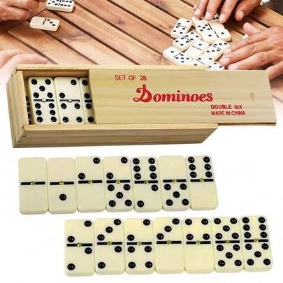 28 Piece Traditional Dominoes Set Double-Six Wooden Box Case Family Game