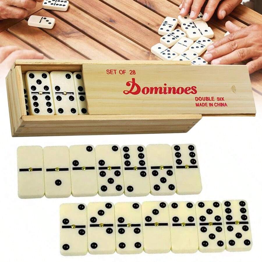 28 Piece Traditional Dominoes Set Double-Six Wooden Box Case Family Game - Camel - View 1