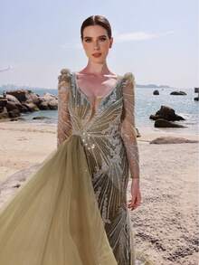 DELLA COUTURE Luxury Heavy-Embellished V-Neck Beaded Olive Green Mermaid Evening Gown With Unique Single-Side Mesh Design, Long Floor-Length Embellished Beaded Heavy-Embellished Evening Gown Ideal For Banquets, Proms, Parties, Weddings And Formal Occasions - Olive Green - View 3