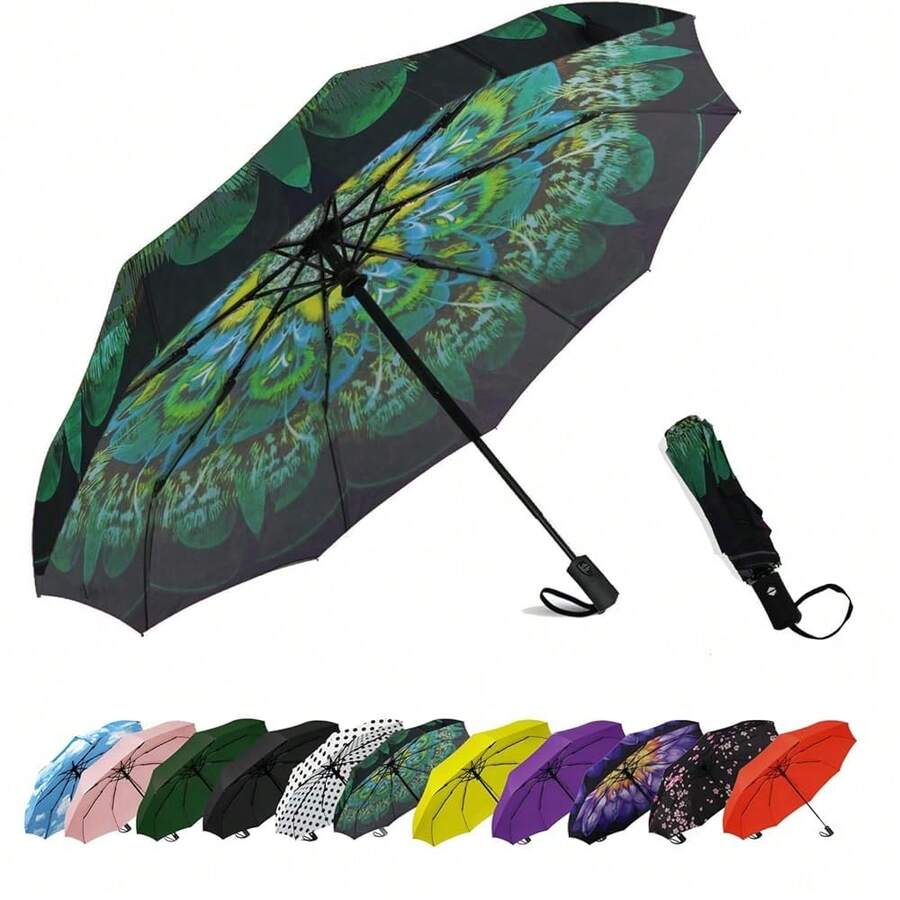 Windproof Travel Compact Umbrella-Automatic Umbrellas For Rain- Folding Umbrella, Travel Umbrella Compact, Small Portable Windproof Umbrellas For Men Women Teenage. (Green Peacock),42Inch-1Pack,Greenpeacock - 綠孔雀 - 查看 1
