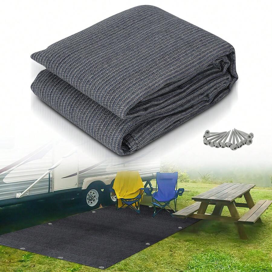 Jiubiaz Vorzeltteppich 250x500 cm HDPE UV-stabil Wasserdurchlässig Atmungsaktiv für Zelt & Caravan & Picknick - Dunkelgrau - Übersicht 1