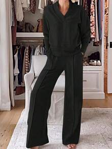 2-Piece Set Of Wide-Leg Pants - Loose Long-Sleeved And Pants, Anti-Wrinkle Both Office And Casual Wear, Washable Spring And Autumn Business Attire - 黑色 - 查看 10