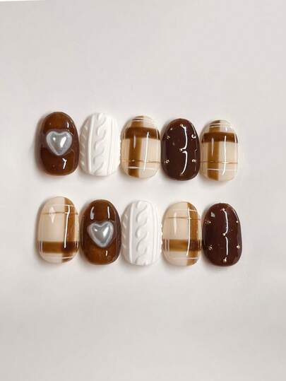10pcs Handmade Press-On Nail Stickers, Short Oval Shape, Brown Color, Elegant Retro Style With White 3D Heart & Grid Line Design, Soft And Sophisticated Autumn/Winter Press-On Nail Stickers, Suitable For Women And Girls, For Festivals, Parties And Daily Wear